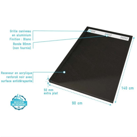 Receveur en acrylique Noir effet pierre 90x140x5 cm + Grilles linéaires chrome et Blanche mate - METEORA Aurlane - PACR310