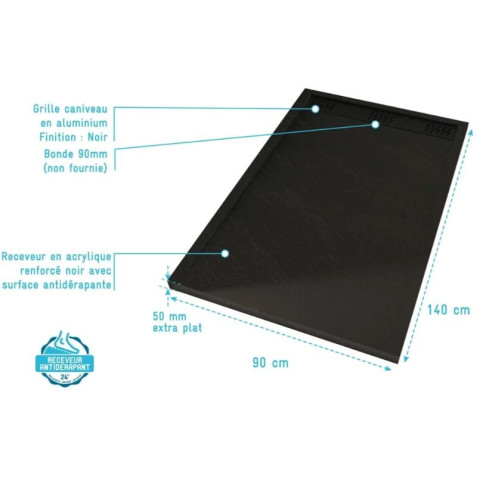 Receveur en acrylique Noir effet pierre 90x140x5 cm + Grilles linéaires chrome et Noir mate - METEORA Aurlane - PACR312
