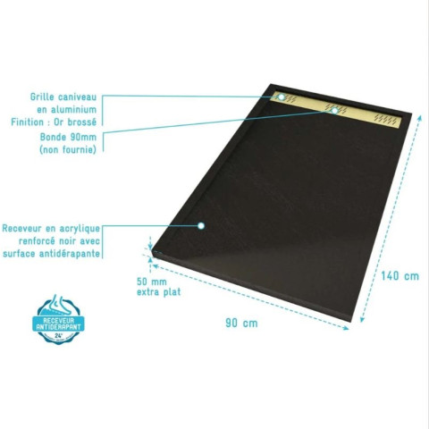 Receveur en acrylique Noir effet pierre 90x140x5 cm + Grilles linéaires chrome et Or Brossé - METEORA Aurlane - PACR311