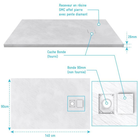 Receveur à poser en matériaux composite SMC - Finition ardoise blanc mat - 90×140 cm Aurlane - FAC204