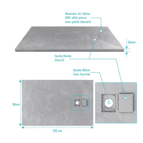 Receveur à poser en matériaux composite SMC - Finition ardoise grise - 80x120cm - ROCK 2 GREY 80 Aurlane - FAC203