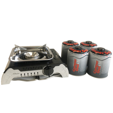 Réchaud gaz piezo 2400w fivestar + 4 cartouches gaz 450 gr butane-propane avec pieds pliables + mallette de transport