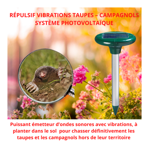 Répulsif taupes campagnols terrestres à énergie solaire - 350m²