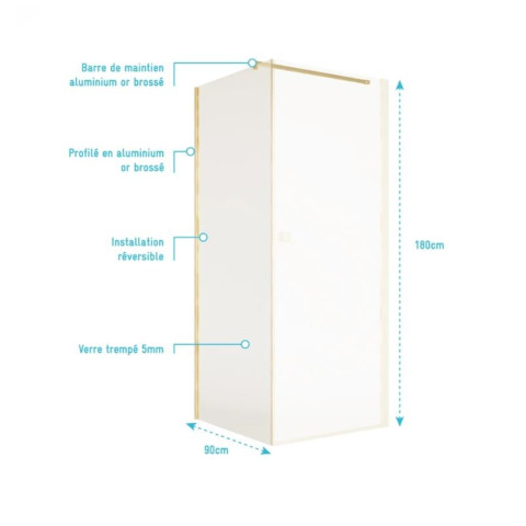 Retour pour porte de douche 90x180 cm verre trempe 5mm - Finition Or Brossé - GOLD ELEMENTARY Aurlane - FAC1100