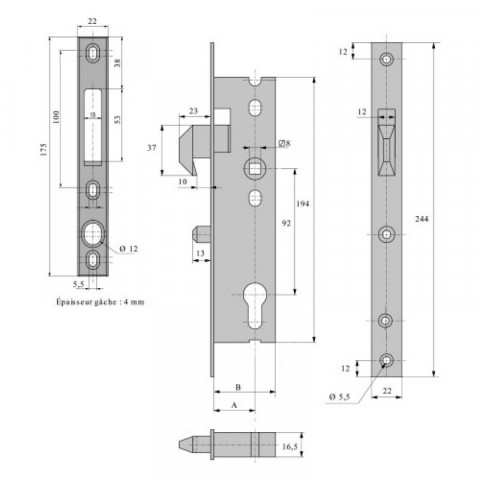 Serrure à larder à mentonnet pour porte ou portail coulissants entraxe 92 mm axe à 21 coffre de 36 mm avec gâche