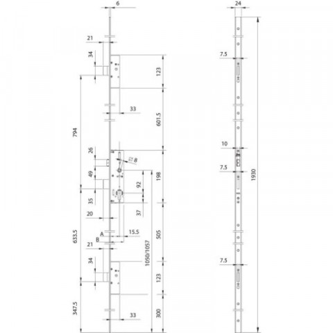 Serrure performa 3 points axe 30 mm têtière u de 24 x 6 x 1930 mm
