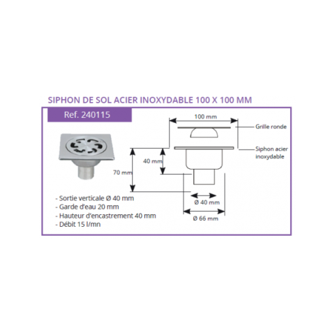 Siphon de sol inox solusec pour tube 50 verticale - dimensions aux choix