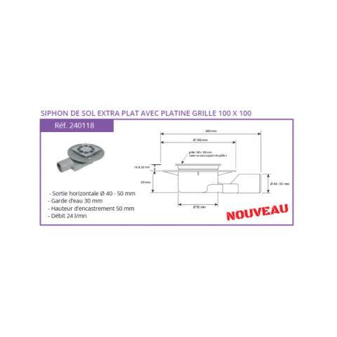 Siphon de sol PVC solusec extra plat avec platine grille 100x100 - dimensions aux choix