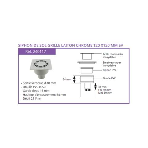 Siphon de sol PVC solusec 120x120 sv grille laiton chromé