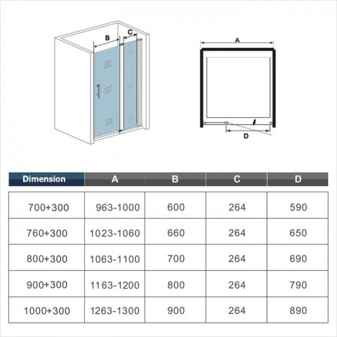 Porte de douche pivotante avec 1 élément fixe en verre anticalcaire 6 mm - Dimensions au choix