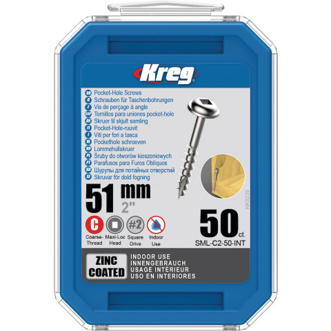 50 Vis à trous de poche 51 mm Revêtu de Zinc Maxi-Loc, Filetage épai - KREG - SML-C2-50
