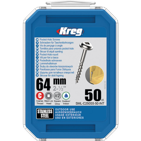 Vis à trous de poche Kreg 64 mm Inox Maxi-Loc, Filetage épai, 50 - KREG - SML-C250S5-50-INT