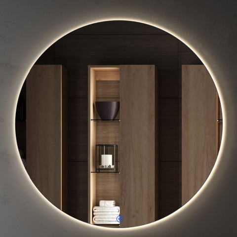 Meuble de salle de bain simple vasque - 3 tiroirs - palma et miroir rond led solen - ciment (gris) - 80cm
