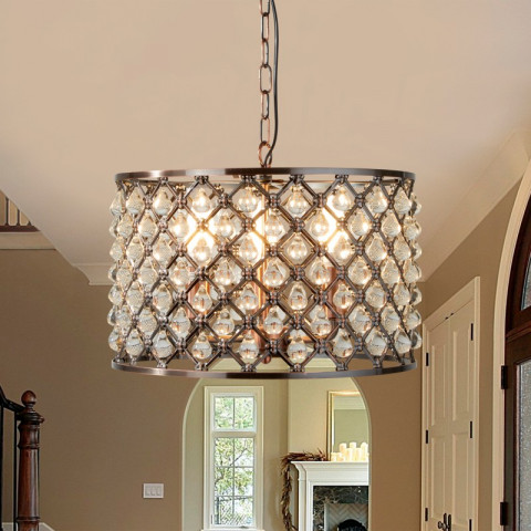 Suspension ronde 3 ampoules marquise, cuivre et cristal