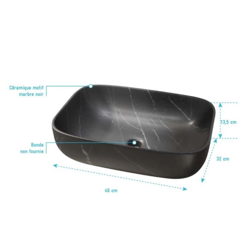 Vasque à poser rectangulaire en céramique noire mat effet marbre 46x32x13.5 cm - BLACK MARBLE Aurlane - VAS074