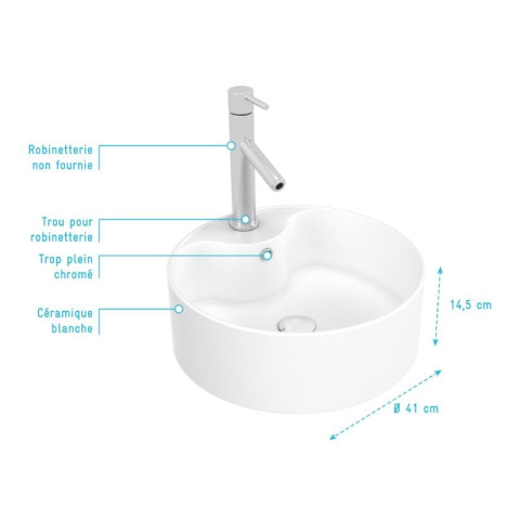 Vasque à poser ronde céramique blanche Ø41 cm – ROLL ON Aurlane - LAV488