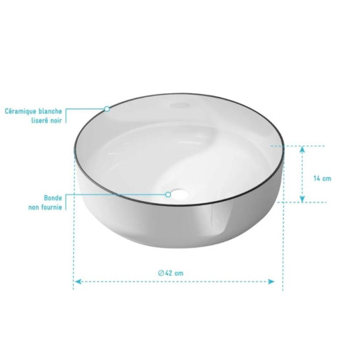 Vasque à poser ronde en céramique Ø42x14 cm - Blanc et liseré noir Aurlane - VAS070