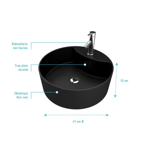 Vasque à poser ronde en céramique noire Ø40cm - Hauteur 15cm - ROLL ON DARK Aurlane - VAS043