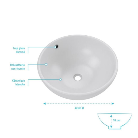 Vasque ronde en céramique blanche à poser - Diamètre 42cm - Hauteur 18cm - PARABOLA Aurlane - VAS038