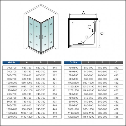 Cabine de douche accès angle avec porte coulissante en verre anticalcaire 6 mm - Dimensions au choix