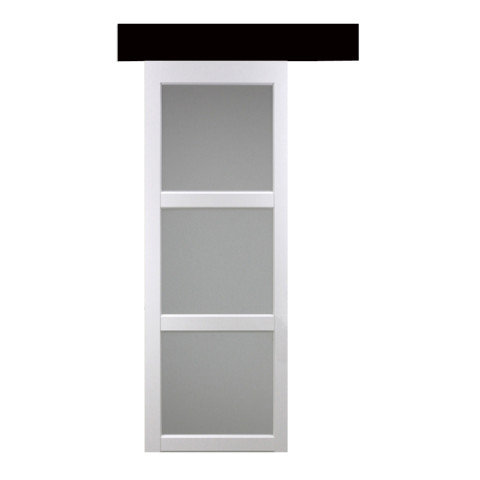 Porte coulissante "kenya" blanc 3 vitrages depoli 204x83 avec rail aluminium bandeau noir + coquilles